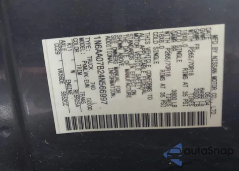 2004 Nissan Titan Le из США, поврежденный, VIN 1N6AA07B24N566997